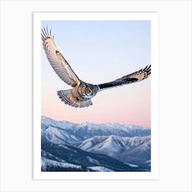 Owl With Piercing Yellow Eyes Mid Flight Over Snowy Mountains At Sunrise Wings Outstretched In A S Art Print