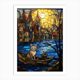 Mosaic Of A Cat On A Medieval Boat Art Print