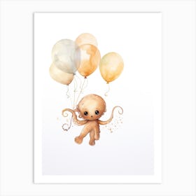 Baby Octopus Flying With Ballons, Watercolour Nursery Art 4 Art Print