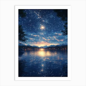 Night Sky Over Lake 12 Art Print