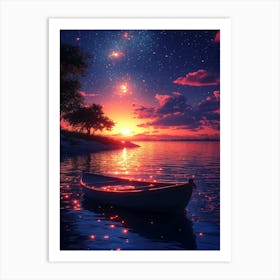 Sunset Boat In The Water Art Print