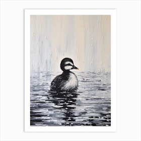 Black & White Painting Of Duckling Gliding Along The Pond 1 Art Print