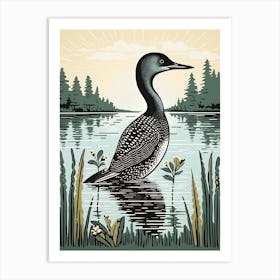 Vintage Bird Linocut Loon 1 Art Print