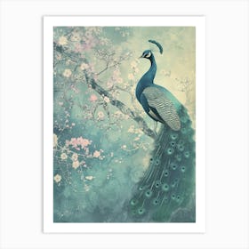 Vintage Turquoise Peacock With Blossom Art Print