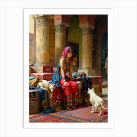 Woman With Cats Art Print