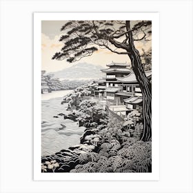 Amanohashidate In Kyoto, Ukiyo E Black And White Line Art Drawing 6 Art Print