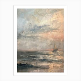 Vintage Seascape Painting, Antique Ocean Print, Ocean Sunset Horizon Oil Painting, Rustic Cloud Art, Ocean Waves Neutral Beach Art Art Print