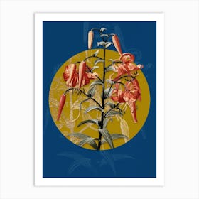 Vintage Botanical Tiger Lily on Circle Yellow on Blue Art Print