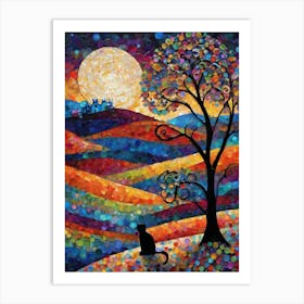 Beautiful Night - Beautiful Rainbow Mosiac of Whimsical Black Cat Watching the Full Moon Whimsy Kitty Art for Cat Lover, Cat Lady, Chakra Pride Pagan Witch Colorful HD Art Print