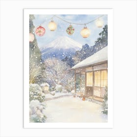 Japanese Christmas Landscape Watercolor Art Print