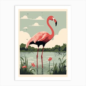 Vintage Bird Linocut Greater Flamingo 4 Art Print