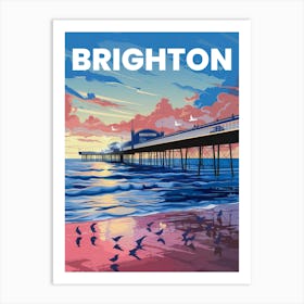 Anime Canvas Art: Coastal Brighton Pier Scene with Calm Ocean Waves, Sunset Sky, and Silhouetted Seagulls, Perfect for Lofi Aesthetic and Coastal Art Lovers. Art Print