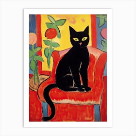 A Black Cat Red Sofa Matisse Style Art Print