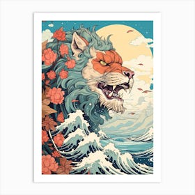 Lion Animal Drawing In The Style Of Ukiyo E 2 Art Print