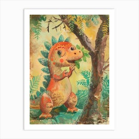 Cute Stegosaurus Eating Leaves Pencil Crayon Illustration Art Print