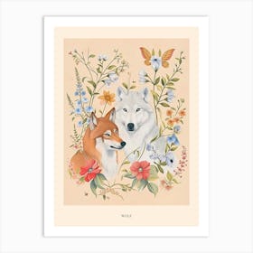 Folksy Floral Animal Drawing Wolf 2 Poster Art Print