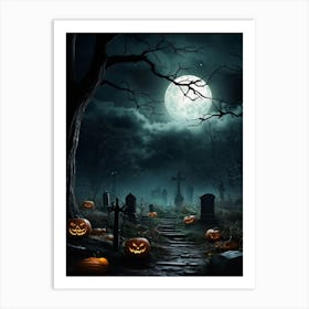 Art Landscape Pumpkin Holiday Design Halloween Fear Moon Skittish Green Grave Dark Scene (19) Art Print