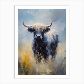 Yellow & Blue Impressionsim Style Highland Bull Art Print
