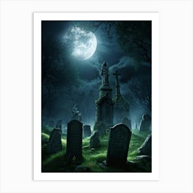 Ghostly Figures Looming Above An Ancient Graveyard In The Haunting Grip Of A Tempestuous Night Sky Art Print