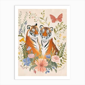 Folksy Floral Animal Drawing Tiger Art Print