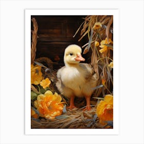 Duckling In Barn With Flowers & Hay 2 Art Print