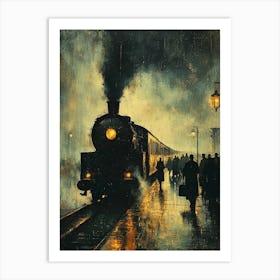 Vintage 1930s Steam Train At Night – Classic Railway Station Art Print Art Print