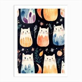 Watercolor Cats Pattern Art Print