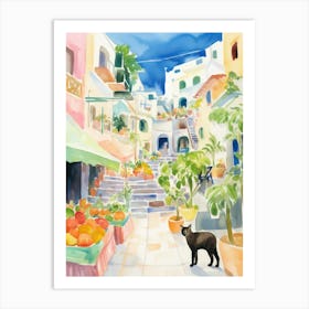 Food Market With Cats In Santorini 4 Watercolour Art Print