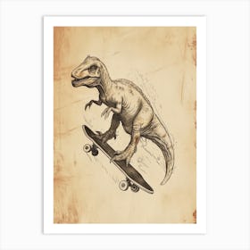 Vintage Parasaurolophus Dinosaur On A Skateboard 2 Art Print