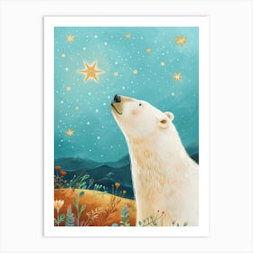 Polar Bear Looking At A Starry Sky Storybook Illustration 4 Art Print