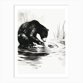 Malayan Sun Bear Catching Fish Ink Illustration 2 Art Print