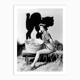 Beautiful Pin Up Bobbing For Apples, With Shaddow Of A Big Black Cat Above Her Art Print