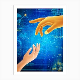 Cyber Abstract Digital Painting Of A Human Hand And A Robotic Hand Almost Touching Against A Backdro (2) Art Print