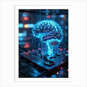 Cyber Brain Concept Embodying Ai And Innovation Neon Glowing Circuits Interlaced With Transparent H (1) Art Print