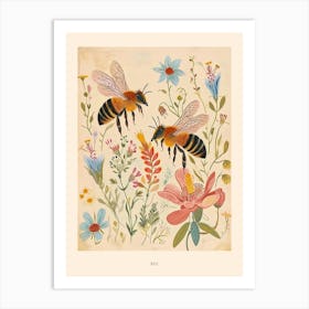 Folksy Floral Animal Drawing Bee 4 Poster Art Print