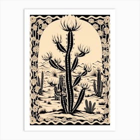 B&W Cactus Illustration Cylindropuntia Kleiniae 1 Art Print