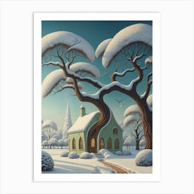 Fantasy Tree House In The Snow Art Print