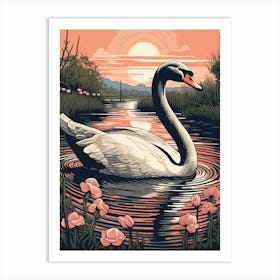 Vintage Bird Linocut Swan 1 Art Print