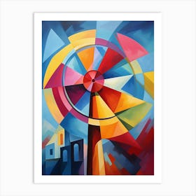 Windmill Tower II, Avant Garde Vibrant Colorful Painting in Cubism Picasso Style Art Print