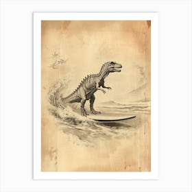 Vintage Spinosaurus Dinosaur On A Surf Board 1 Art Print