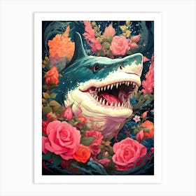 Shark With Roses Art Print