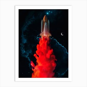 Ink Rocket Takeoff And Blue Clouds Art Print