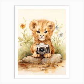 Taking Photos Watercolour Lion Art Painting 3 Art Print