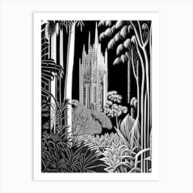Bok Tower Gardens, Usa Linocut Black And White Vintage Art Print