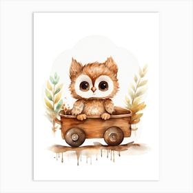 Baby Owl On A Toy Car, Watercolour Nursery 2 Art Print