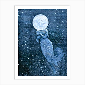 Around the Moon - Vintage Emile Bayard 1870 - Engraving for Jules Vernes Book Full Blue Moon Witchy Fairytale Pagan Woman With Face on the Moon Witch Witchcraft Art Print