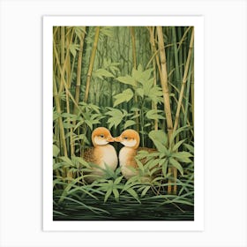 Ducklings In The Leaves Japanese Woodblock Style 1 Art Print