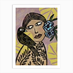 Lady With Crow And Flowers Art Print