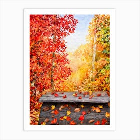 Autumnal Tableau In Vibrant Watercolor Leaves In Shades Of Crimson Orange And Gold Aflutter Amids (1) Art Print