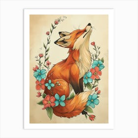 Amazing Red Fox With Flowers Art Print